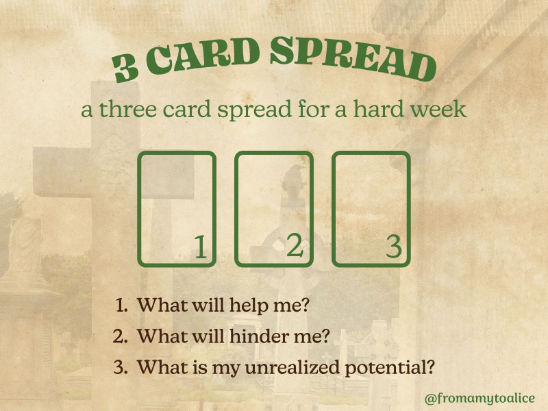 3 Card Spread for a hard week.<br />
1. What will help me?<br />
2. What will hinder me?<br />
3. What is my unrealized potential?