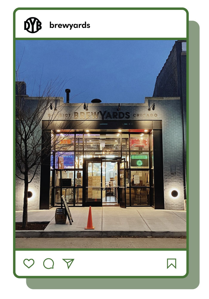 District Brew Yards exterior front door illuminated at night, inside Instagram feed frame. 